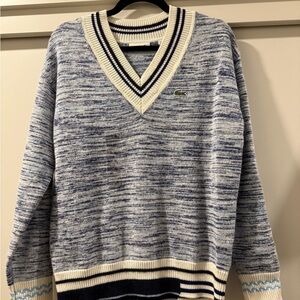 Lacoste Women's Blue and Cream V-Neck Sweater
